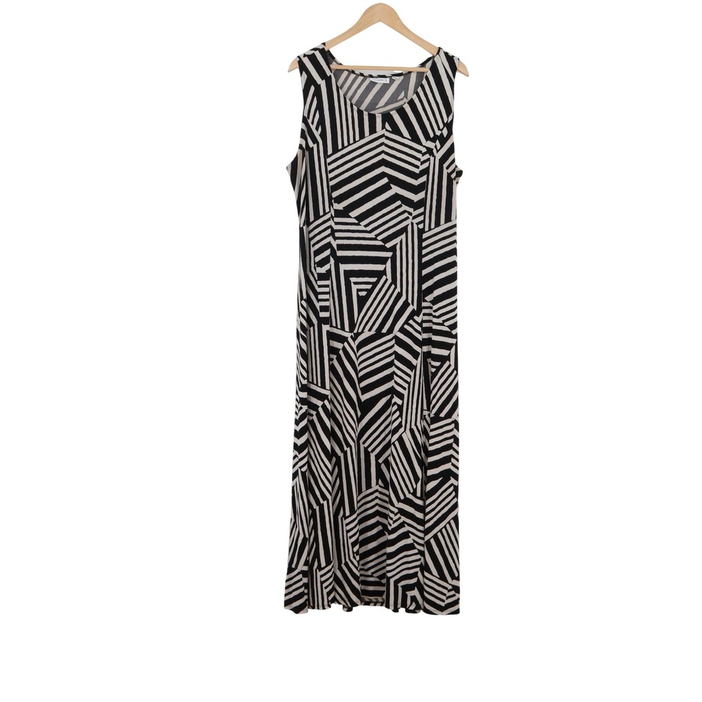 Susan Graver Dress Womens XL Maxi Geometric Stripes Black White Sleeveless Exc